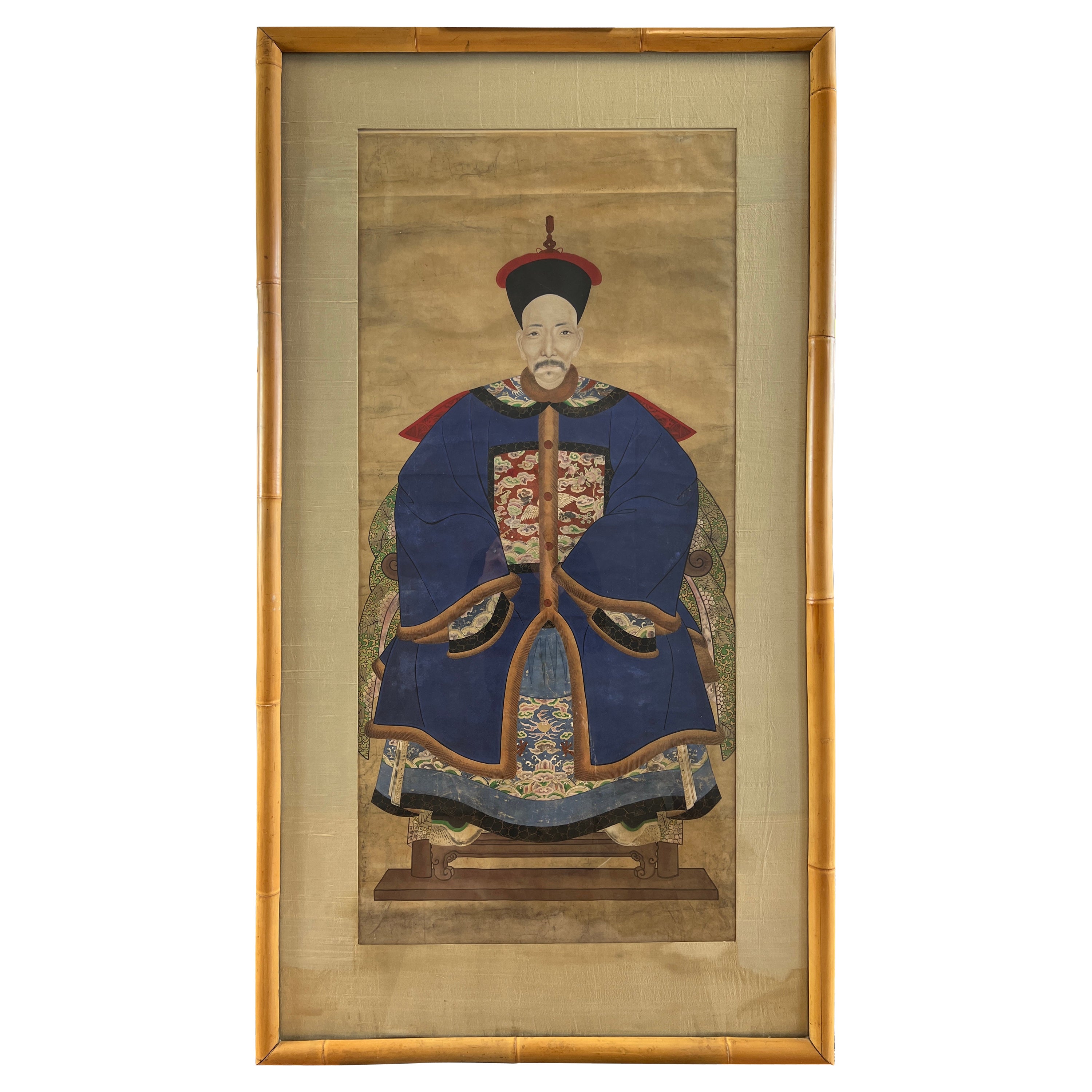 Chinesisches Ancestor-Porträt aus der chinesischen Qing-Dynastie, hochrangiger Offizieller erster Rang, 19. Jahrhundert im Angebot
