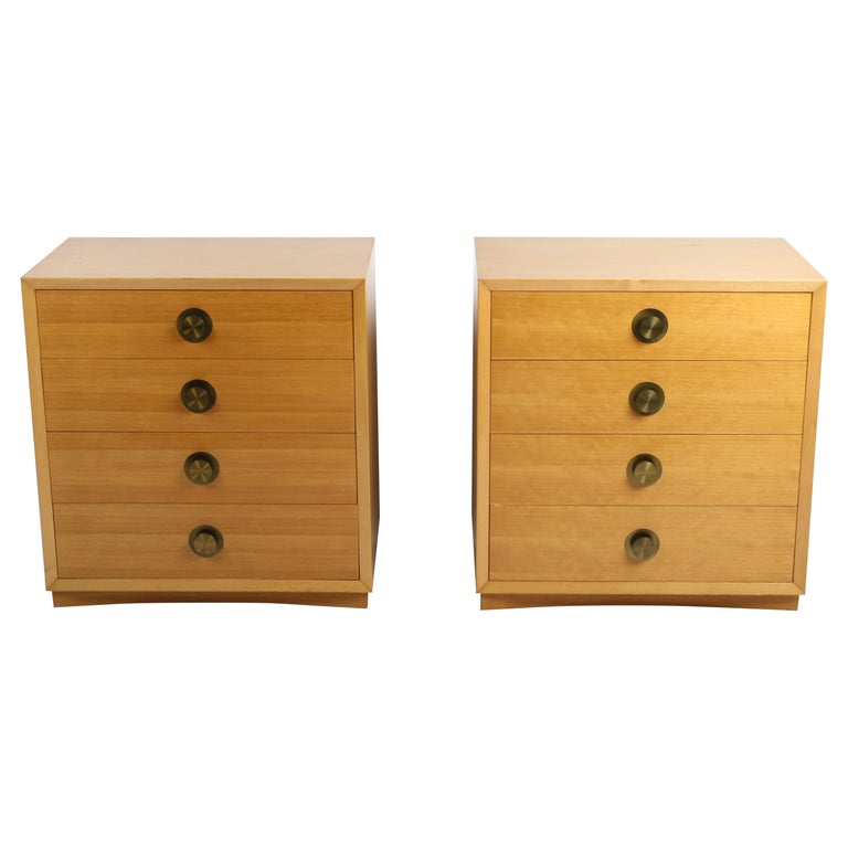 Pair of Mid-Century Blond Four Drawer Chests with Round Brass Hardware For Sale