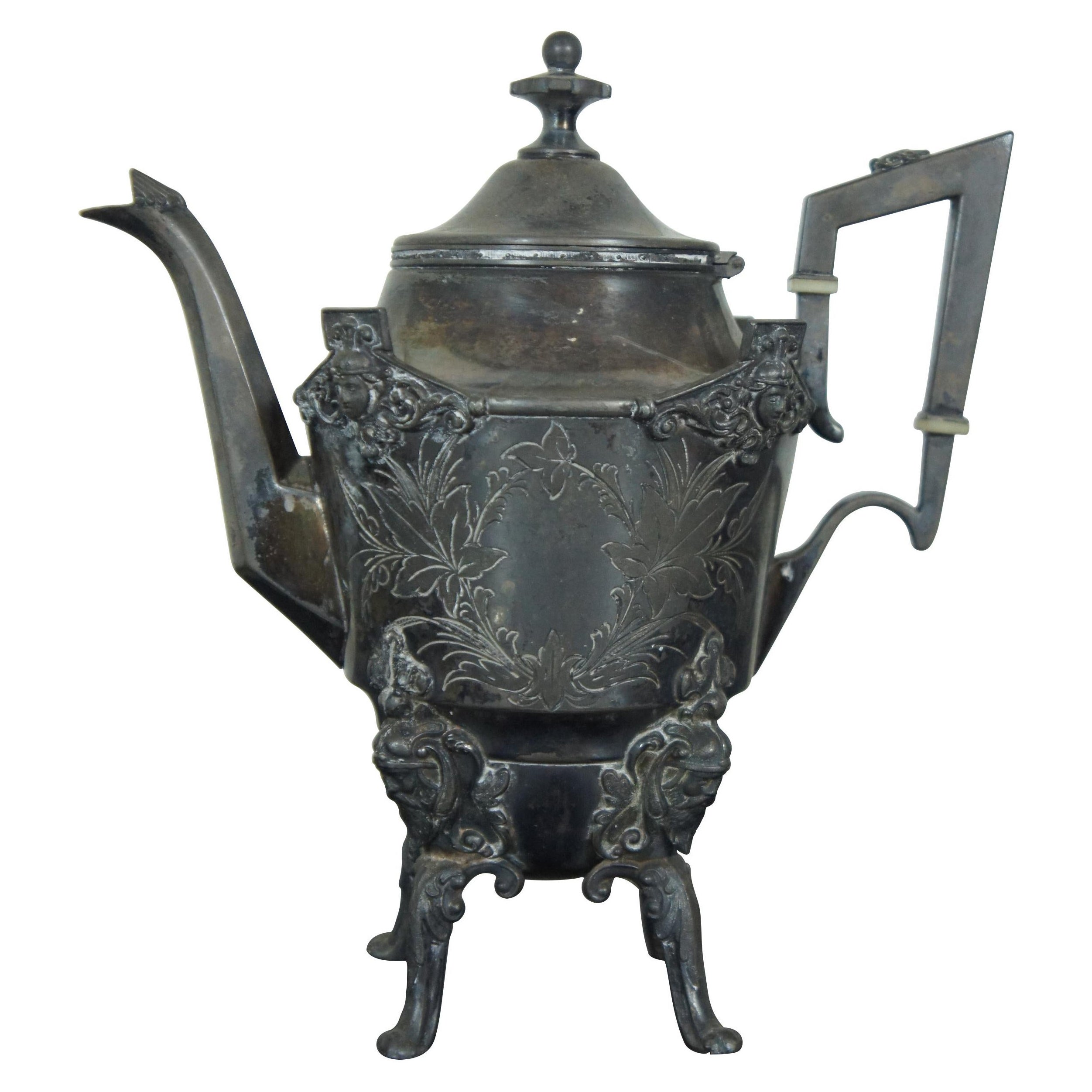 Antique Victorian Bailey Brainard Silver Plate Figural Footed Tea Coffee Pot