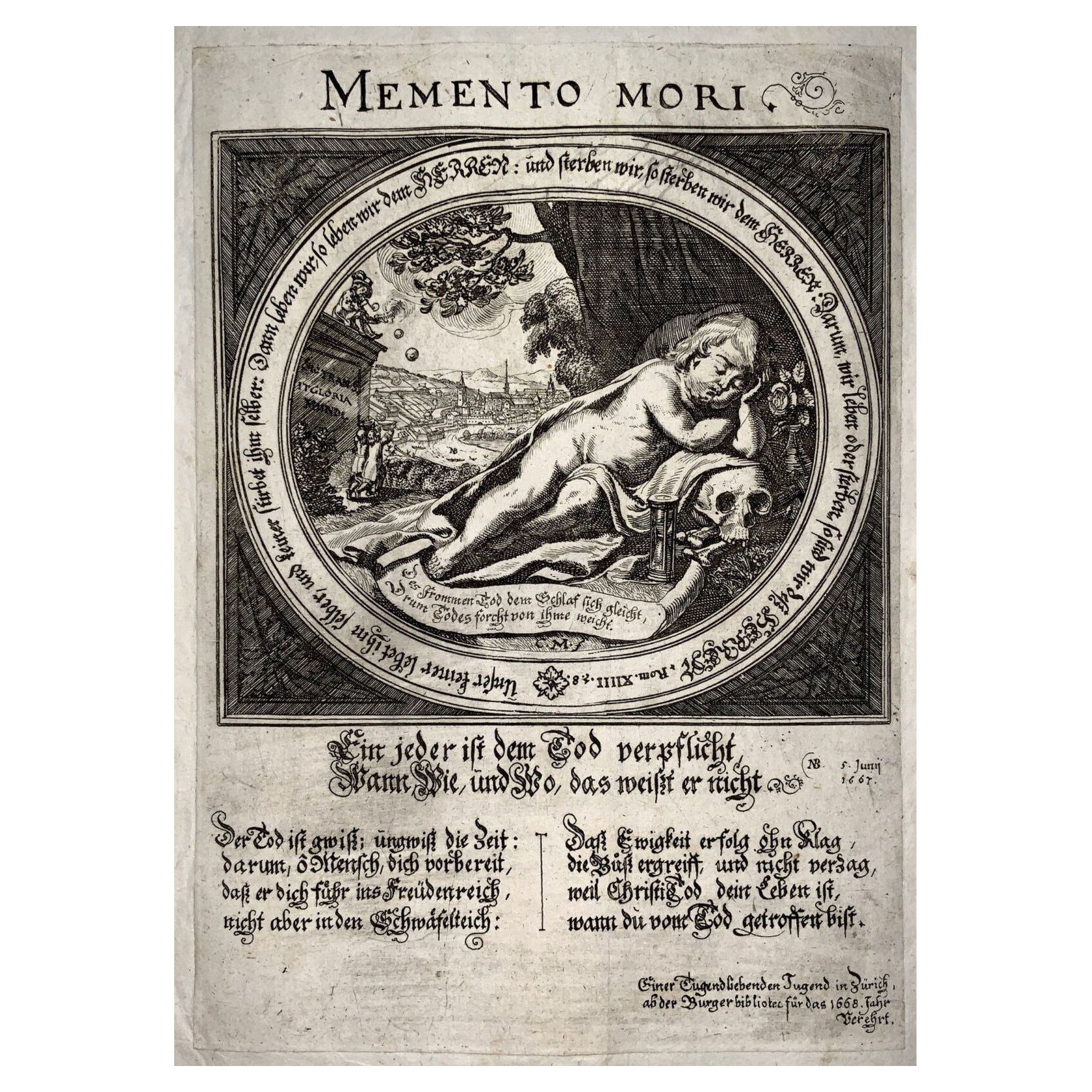 Memento Mori Broadsheet, Putto Sleeping on a Scull, Conrad Meyer For Sale
