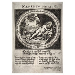 Antique Memento Mori Broadsheet, Putto Sleeping on a Scull, Conrad Meyer