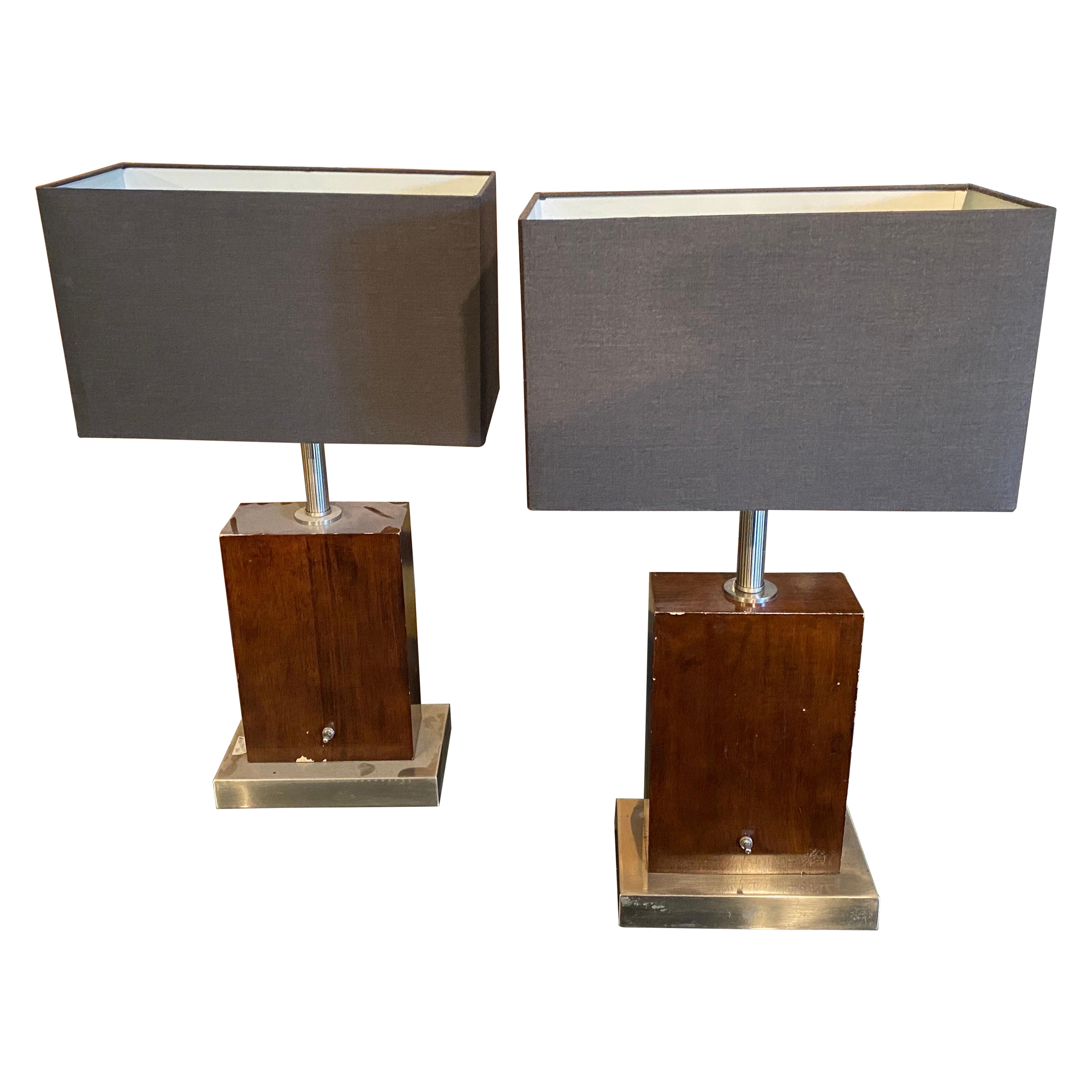 Set of Two 1980s Modernist Wood and Metal Rectangular Italian Table Lamps For Sale
