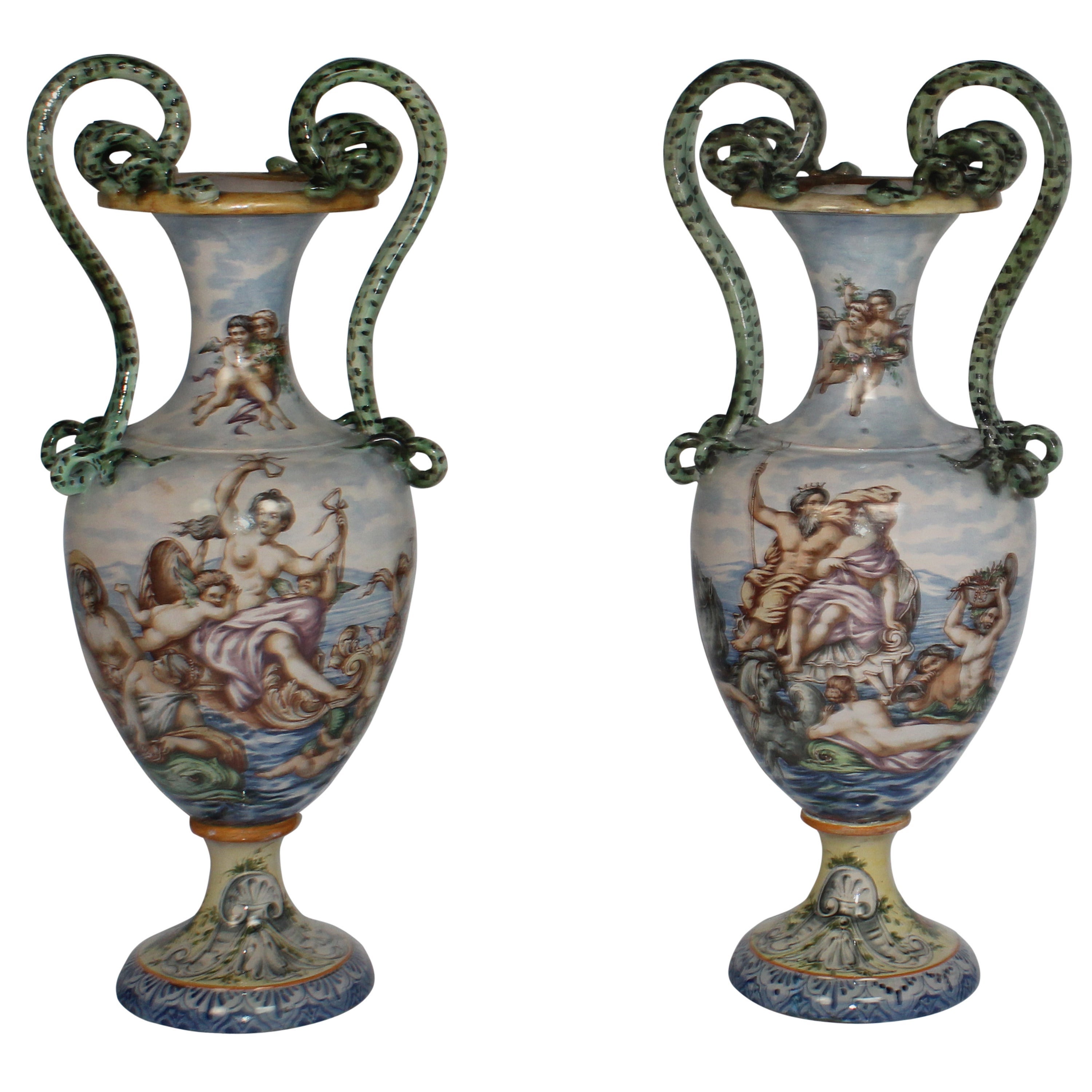 Italian Faience Hand-Painted Urns