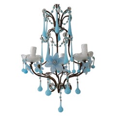 French Murano Blue Drops Flowers & Beads Opaline Chandelier, circa 1920