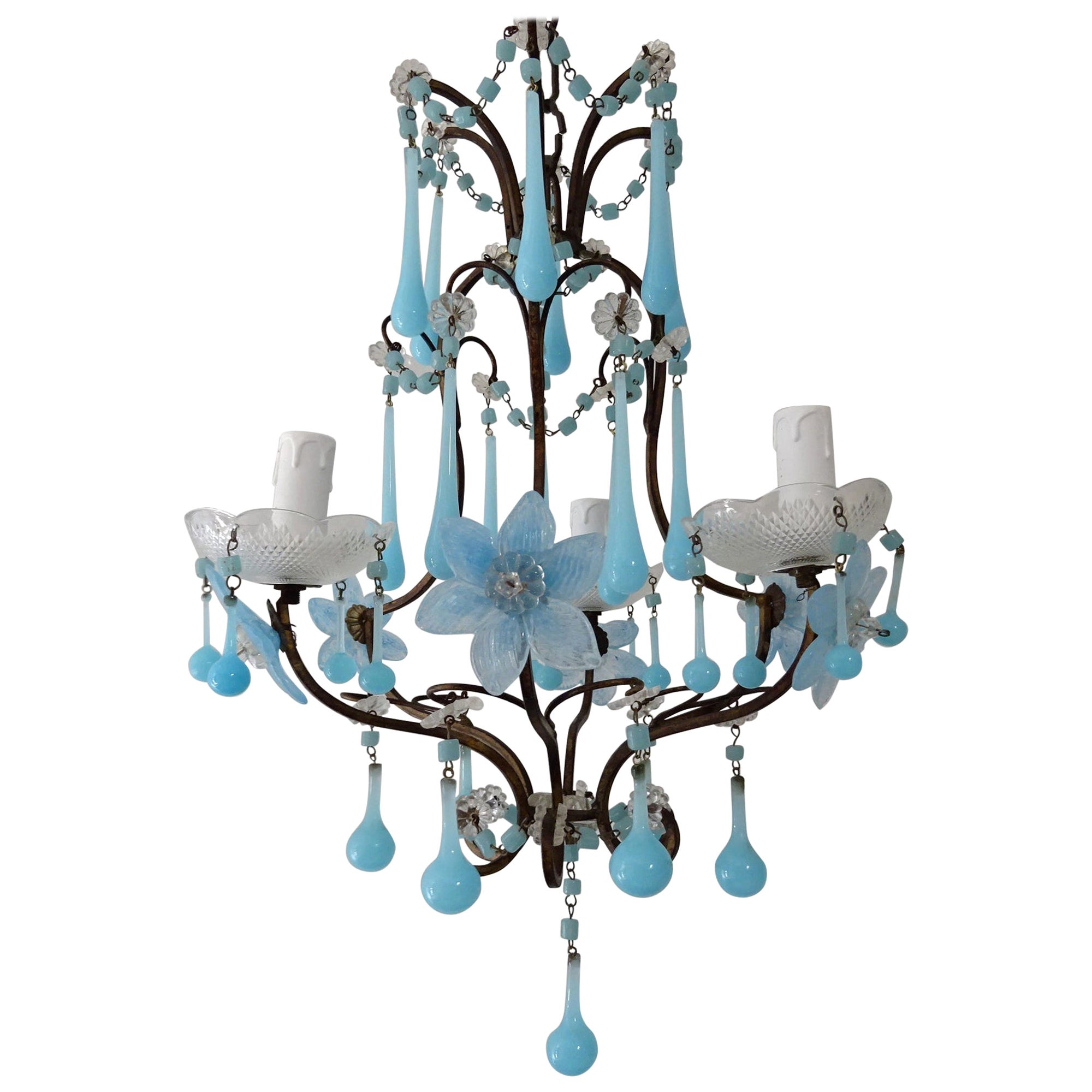 French Murano Blue Drops Flowers & Beads Opaline Chandelier, circa 1920