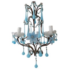 French Murano Blue Drops Flowers & Beads Opaline Chandelier, circa 1920