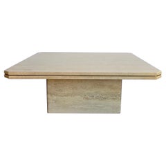 80s Roche Bobois Travertine and Brass Inlay Coffee Table