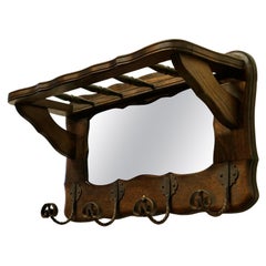 Antique French Oak Coat and Hat Rack with Mirror