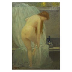 French School Tonal Painting of Bathing Woman, Early 20th Century