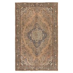 6.8x10.2 Ft Vintage Wool Rug, Faded Peach, Apricot, Mint Green, Green and Brown