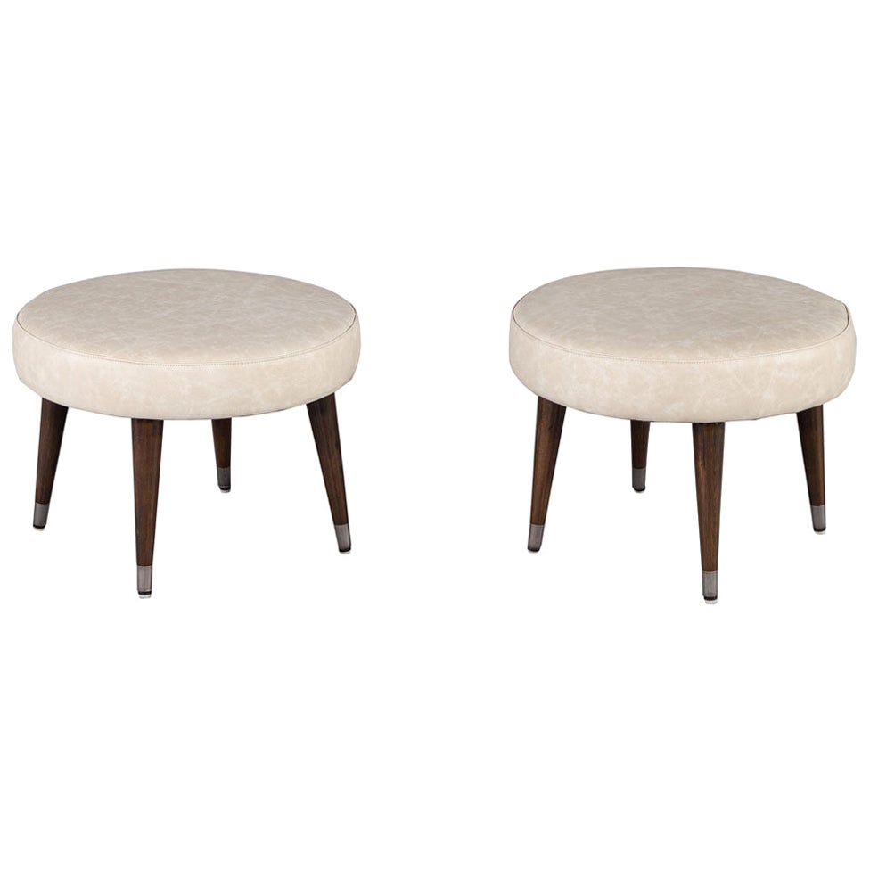 Pair of Leather Mid-Century Modern Ottomans Footstools For Sale
