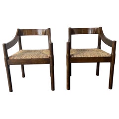 Pair of Dark Wood Carimate Carver Chairs by Vico Magistretti