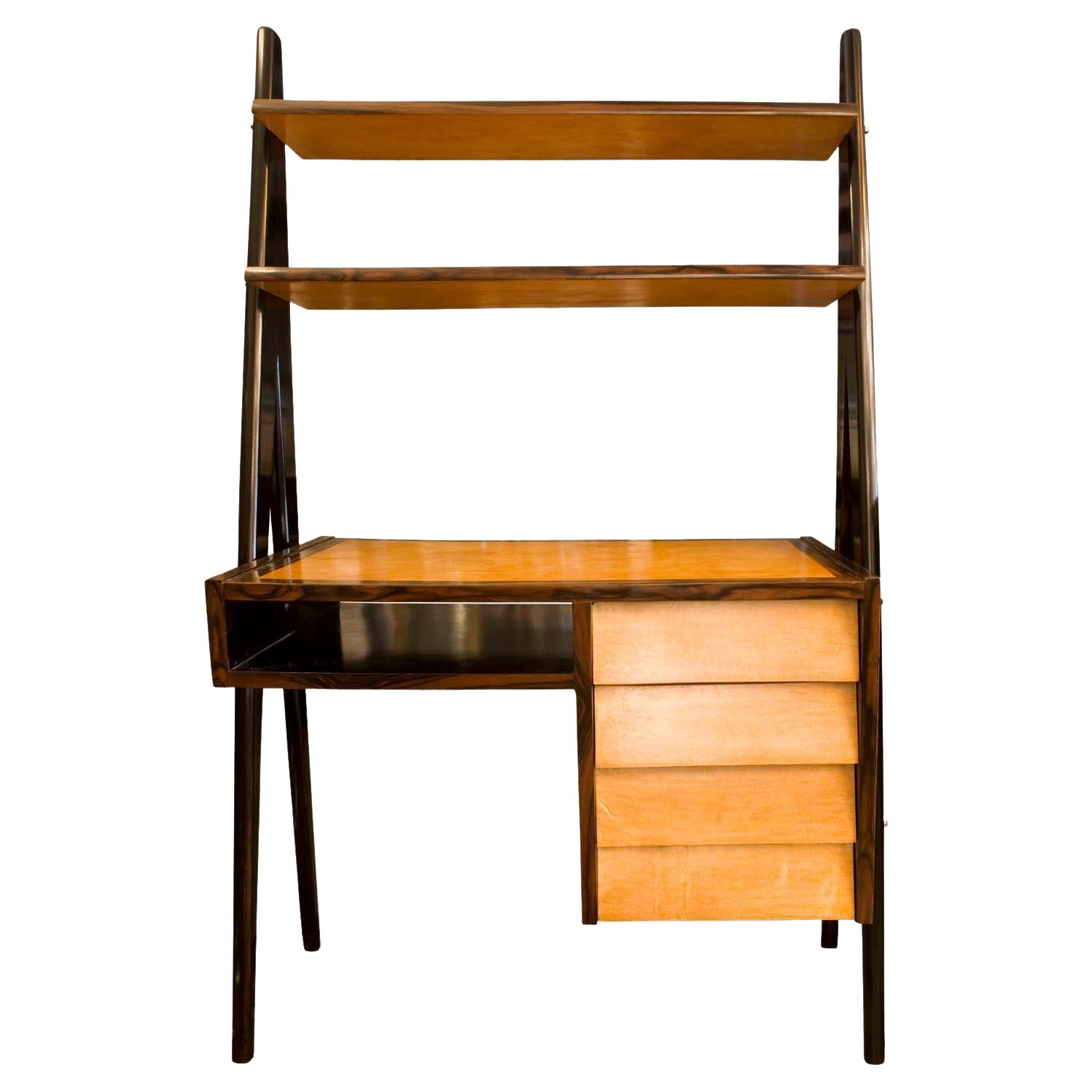 Desk from the 1960s in Leather 'Parchament' and Ebony Wood, Italian