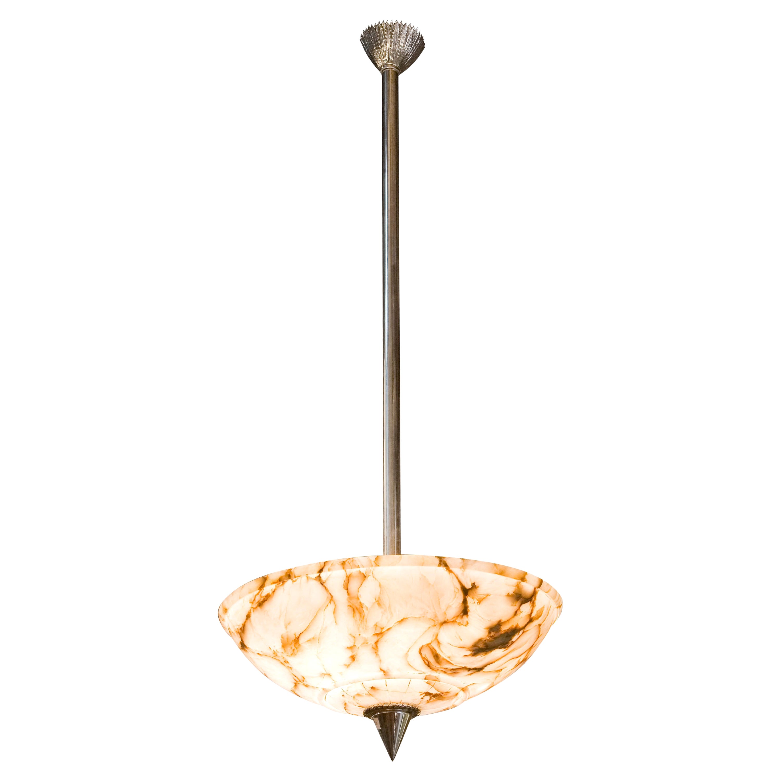 Art Deco Ceiling Lamp in Alabaster and Chrome, 1930, Measure: Diameter: 23.62 in For Sale