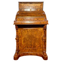Antique English Burled Walnut Mechanical Davenport Desk, Circa 1870