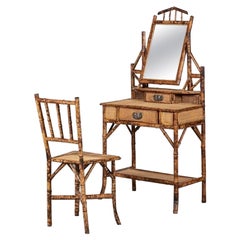 Antique 19thC English Tiger Bamboo Dressing Table & Matching Chair