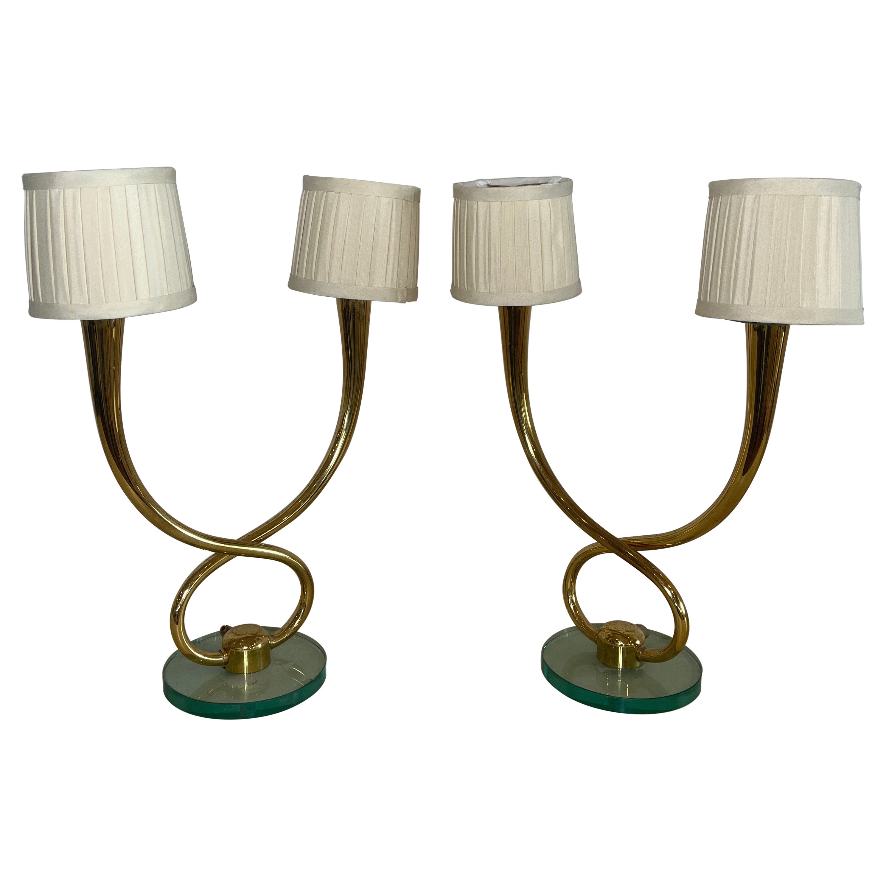 Pair of Mid-Century Italian 2-Light Polished Brass Table Lamps