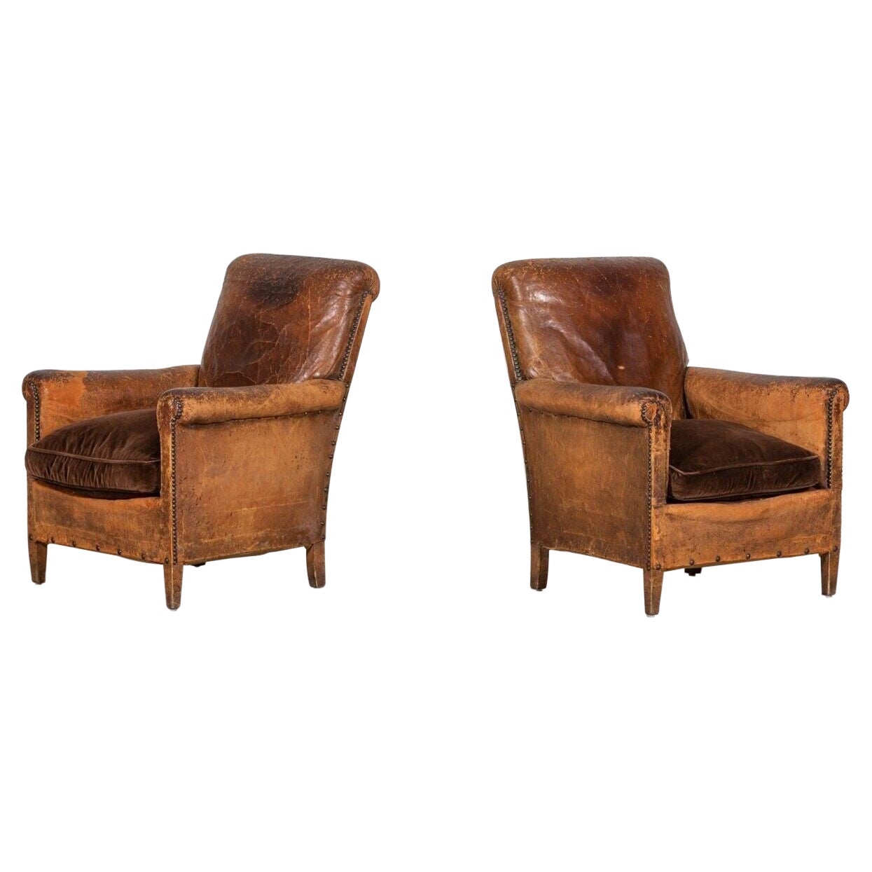 Pair English Worn Leather Beech Club Chairs