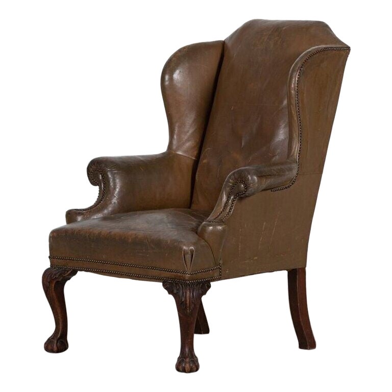 Large 19thC English Olive Leather & Mahogany Wingback Armchair For Sale