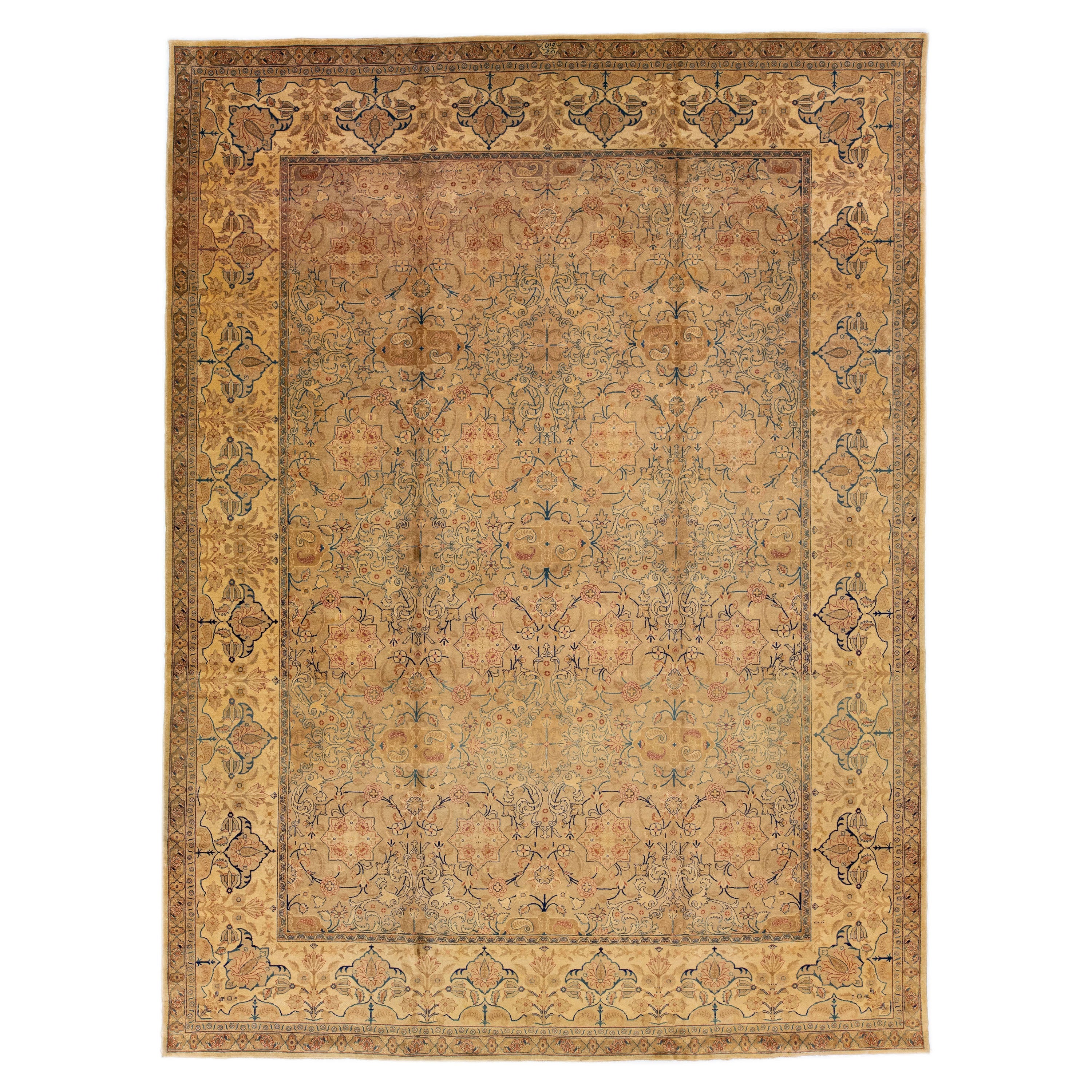 Antique Tabriz Tan Handmade Rosette Designed Oversize Persian Wool Rug For Sale