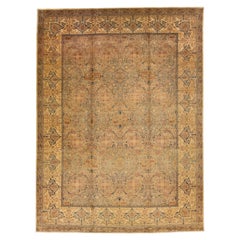 Vintage Tabriz Tan Handmade Rosette Designed Oversize Persian Wool Rug
