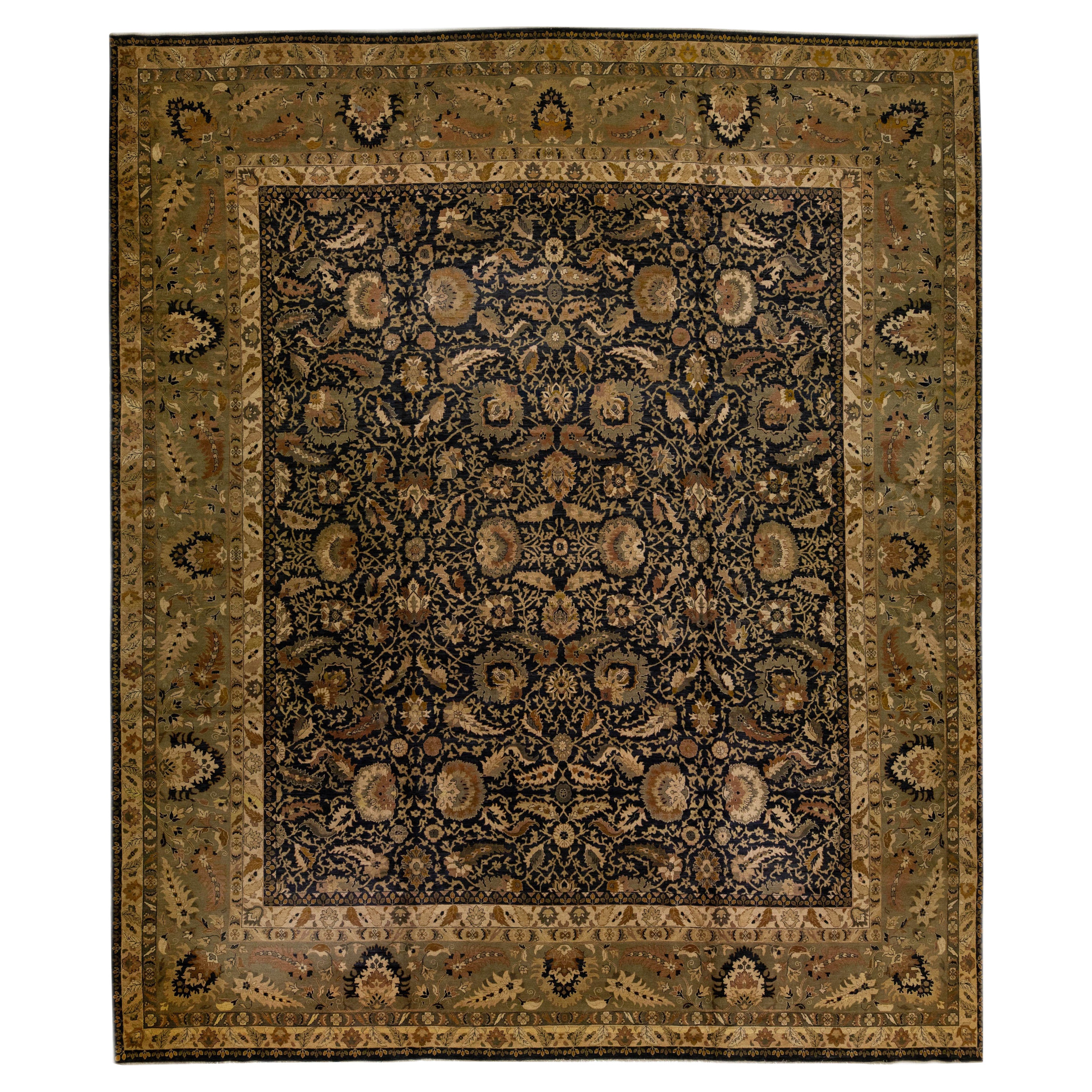 Modern Sultanabad Style Black & Green Wool Rug with Allover Floral Pattern