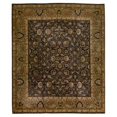 Tapis moderne de style Sultanabad en laine noire et verte avec motif floral sur toute sa surface