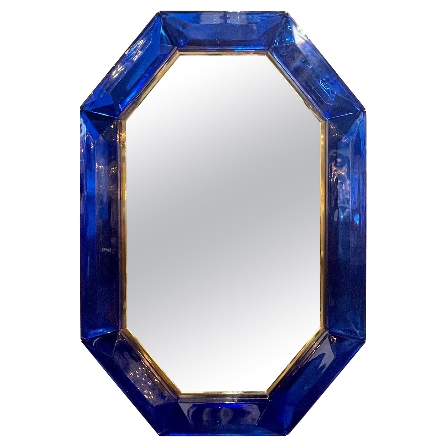 Modern Heavy Cobalt Blue Murano Glass and Brass Octagonal Mirror