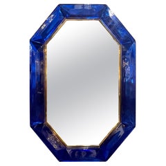 Modern Heavy Cobalt Blue Murano Glass and Brass Octagonal Mirror