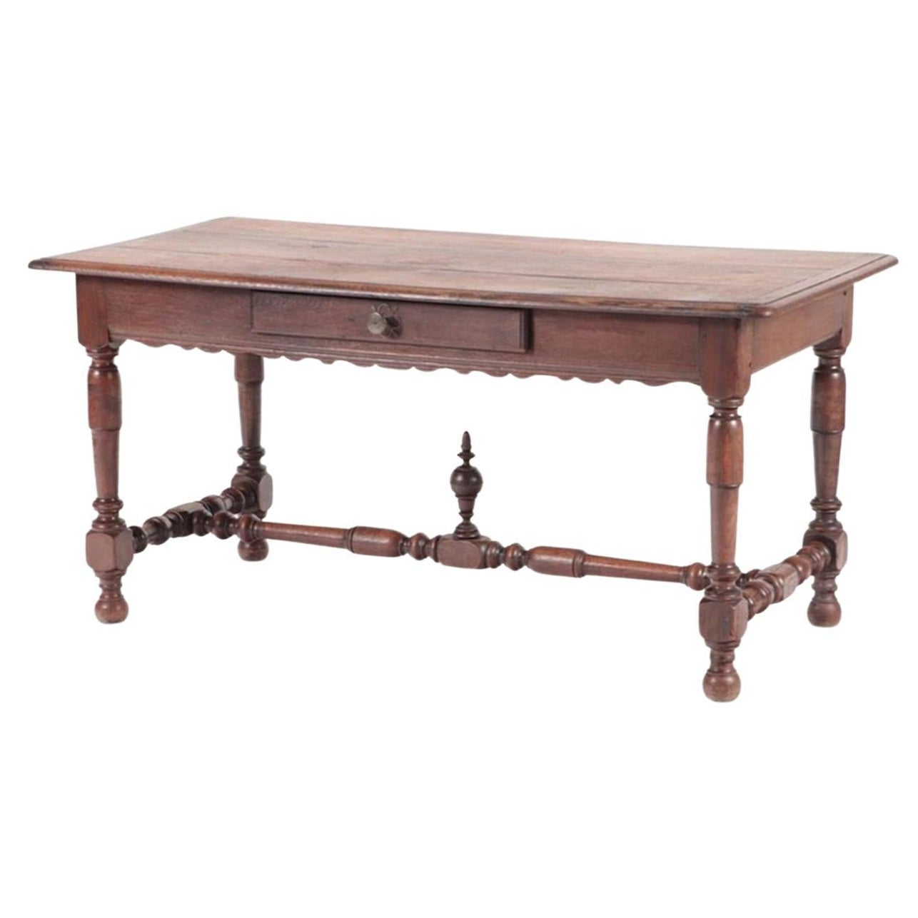 19th Century French Provincial Oak Farm Table with Drawer & Stretcher Base For Sale
