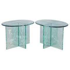 Pair of Vintage Floral Etched Glass Oval End Tables