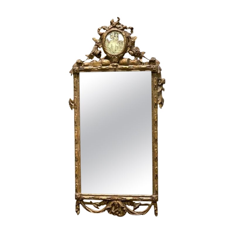 19th Century French Carved Giltwood Mirror with Verre Églomisé Decoration For Sale