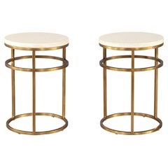 Pair of Brass End Tables with Round Stone Tops