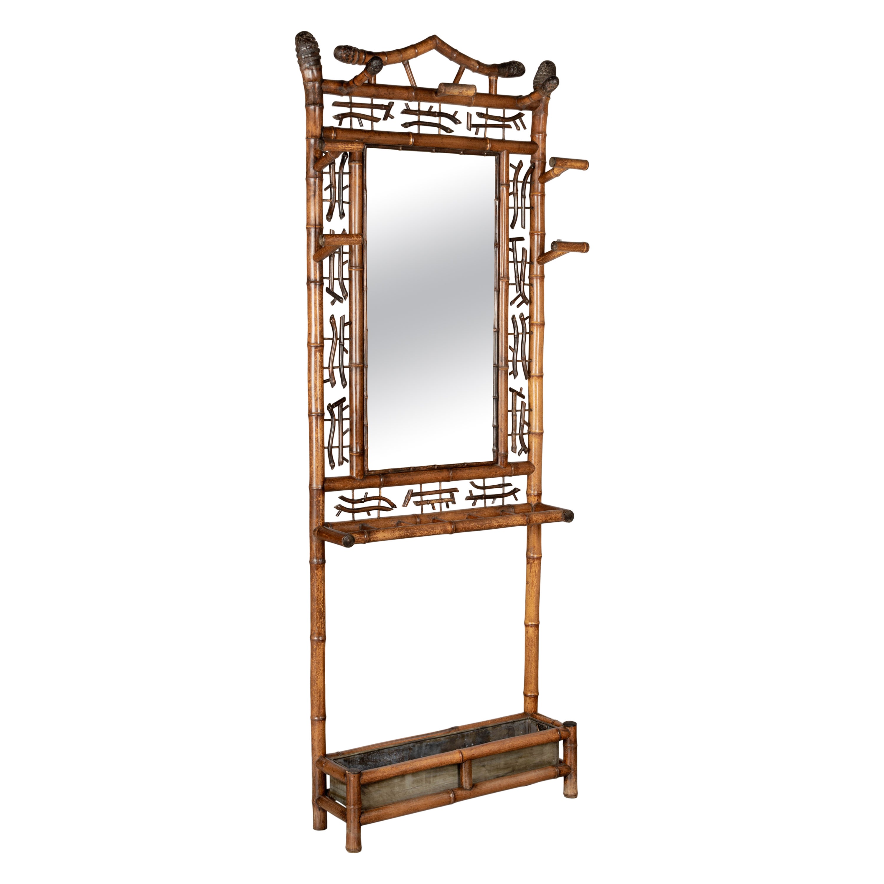 19thC. English Burnt Bamboo Hall Tree W/ Mirror / Coat Rack / Umbrella Stand For Sale at 1stDibs