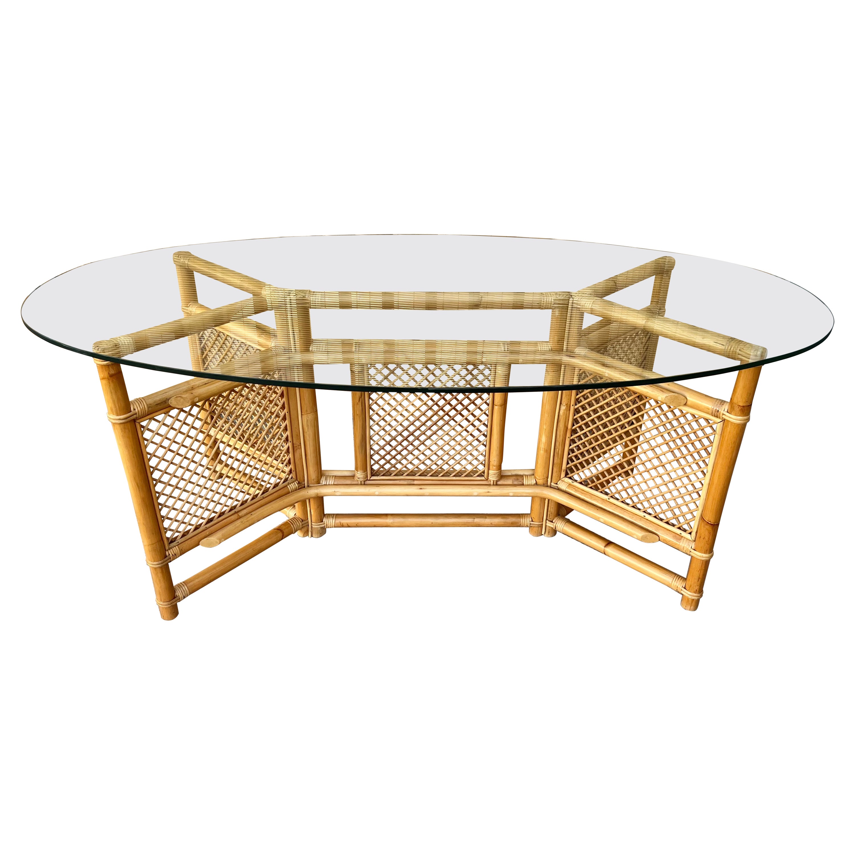 1980s Coastal Style Glass Top Rattan Dining Table in the Ficks Reed's Manner