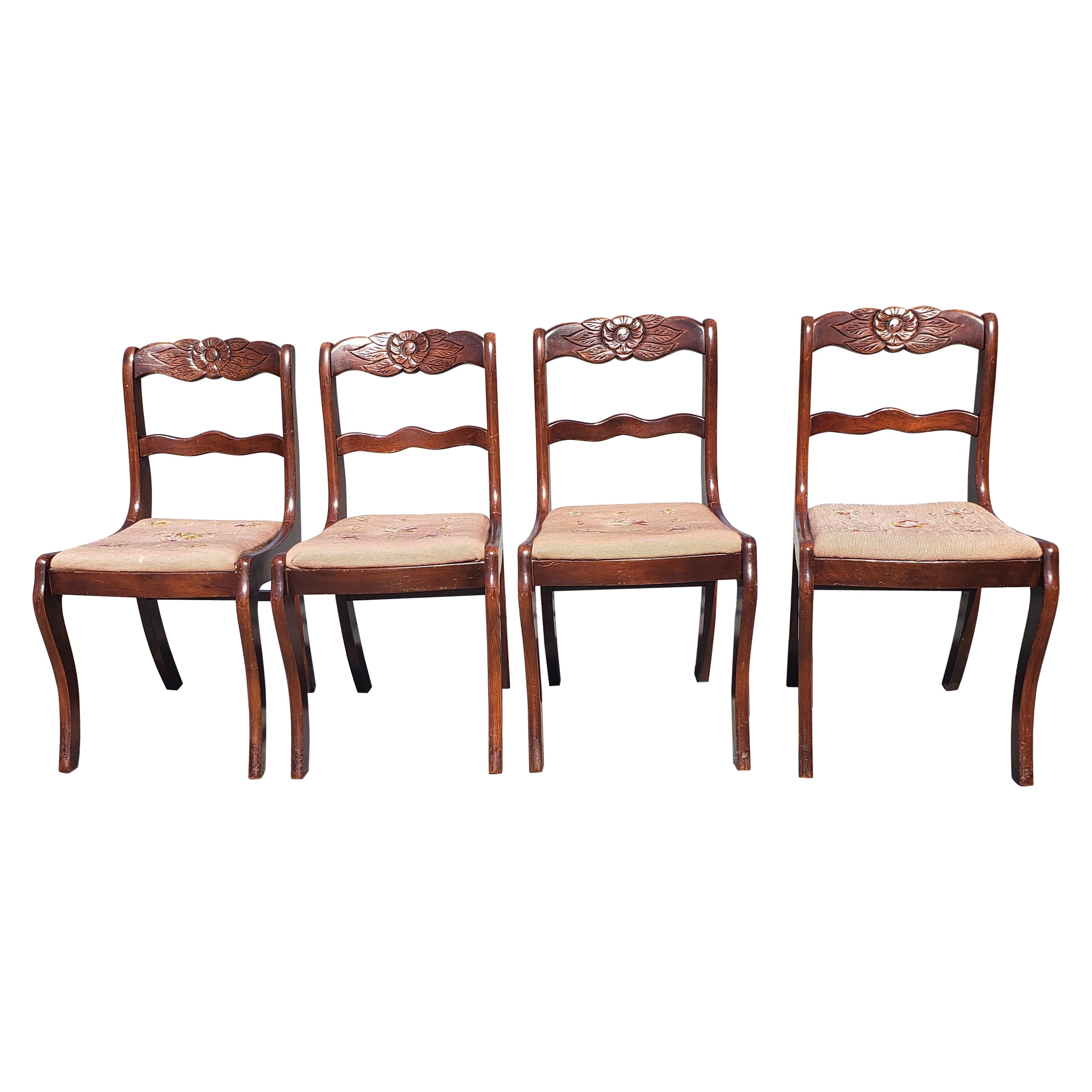 1940’s Tell City Mahogany Duncan Phyfe Rose Chair W/ Needlepoint Seat, Set of 4