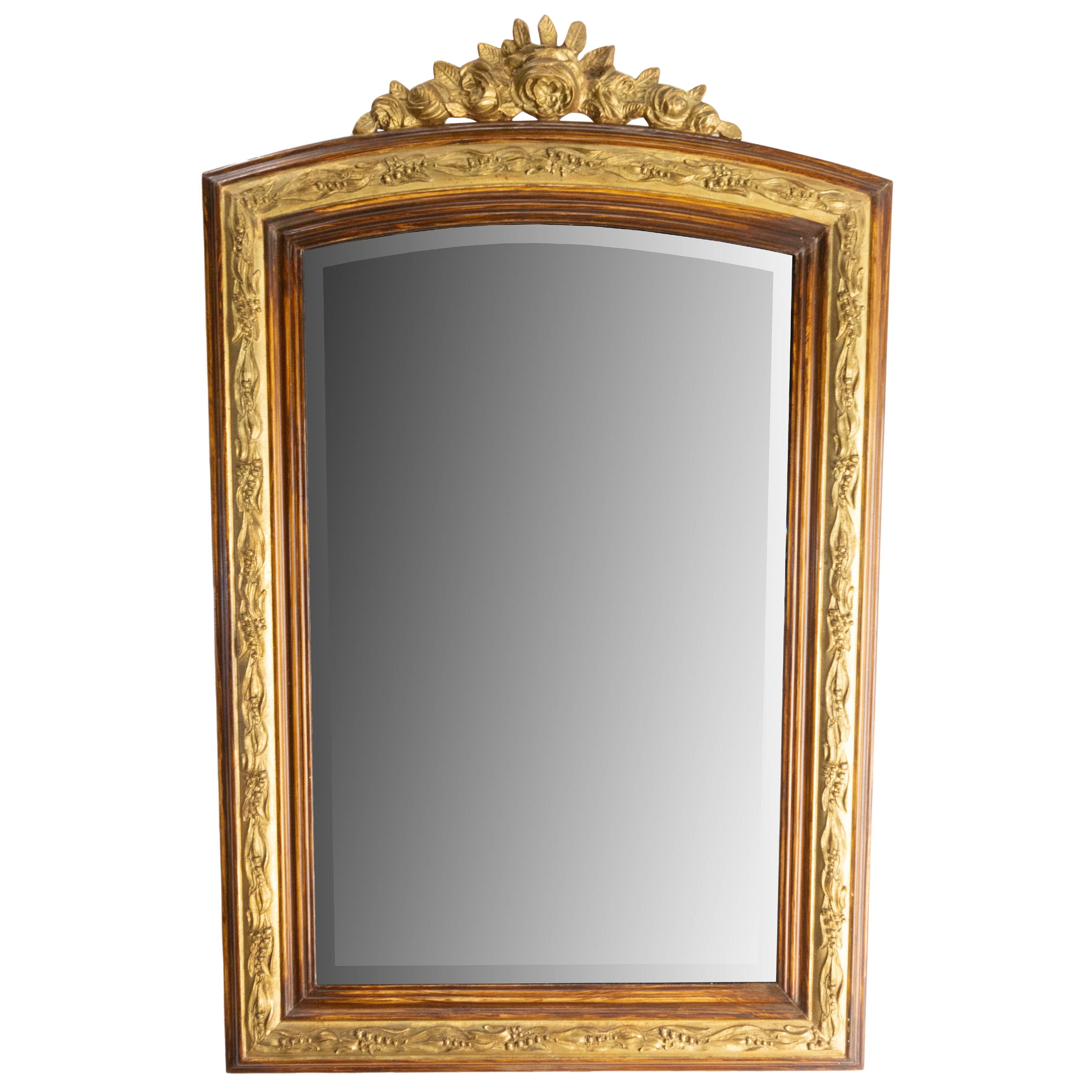French Stucco Wall Beveled Mirror Imitation Wood and Gilding, circa 1920 For Sale