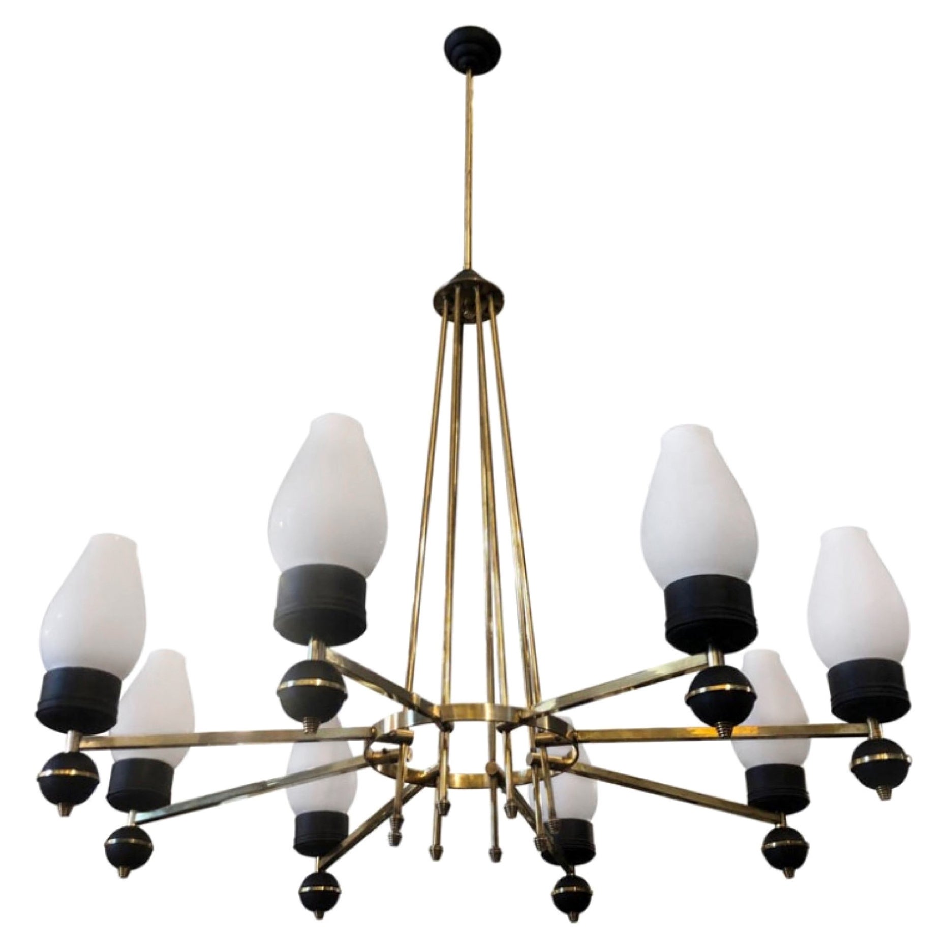 1950s Mid-Century Modern Brass and Glass Chandelier in the Manner of Gio Ponti For Sale