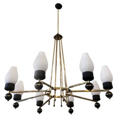 Mid-Century Modern Brass and Black Metal Chandelier in the Manner of Giò Ponti