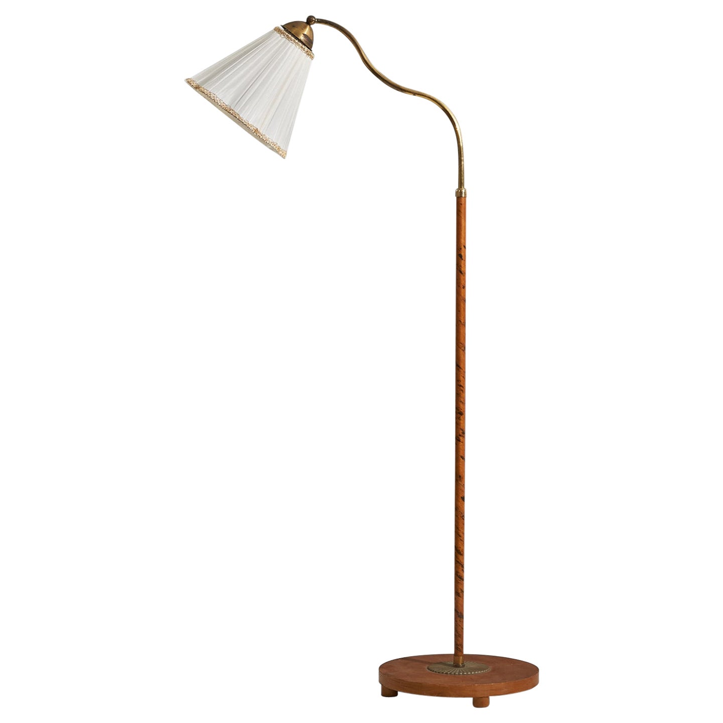 Swedish Designer, Floor Lamp, Wood, Brass, Fabric, Sweden, 1930s For Sale