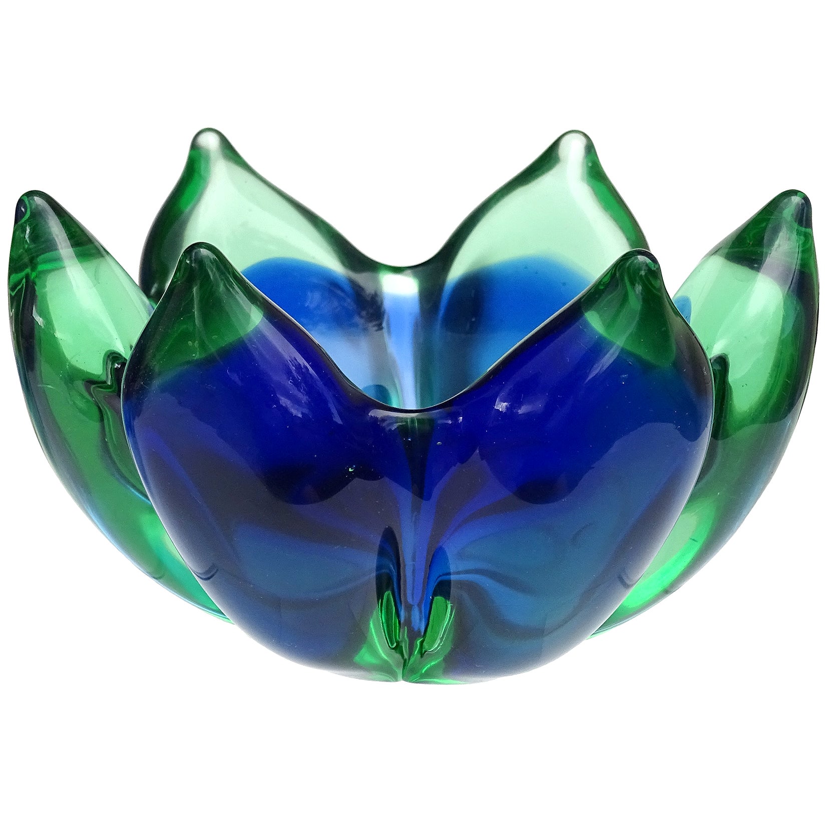 Seguso Murano Sommerso Blue Green Italian Art Glass Lotus Flower Bowl Dish For Sale