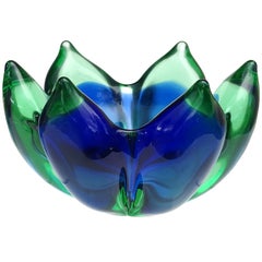 Seguso Murano Sommerso Blue Green Italian Art Glass Lotus Flower Bowl Dish