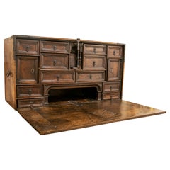 17th Century Cabinet with Drawers and Lid Carved in Wood and Iron Fittings