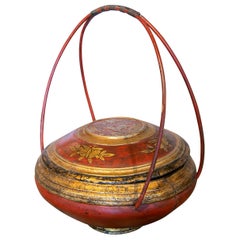 Chinese Hand Painted Food Basket with Bamboo Handles