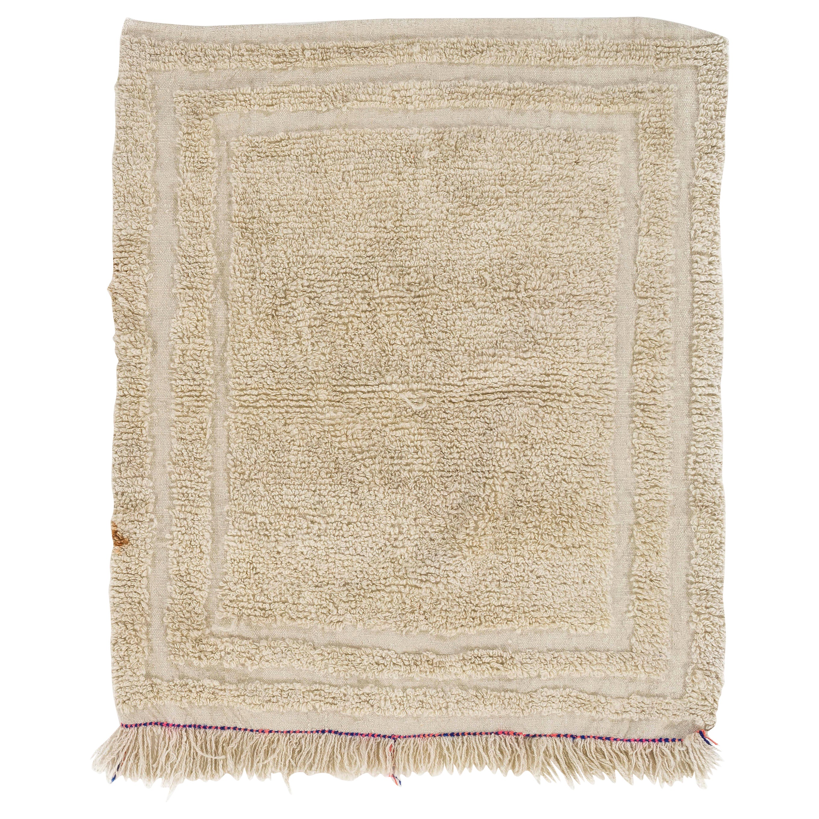 3.3x3.5 Ft Plain Cream Handmade Turkish "Tulu" Rug Made of Natural Undyed Wool For Sale
