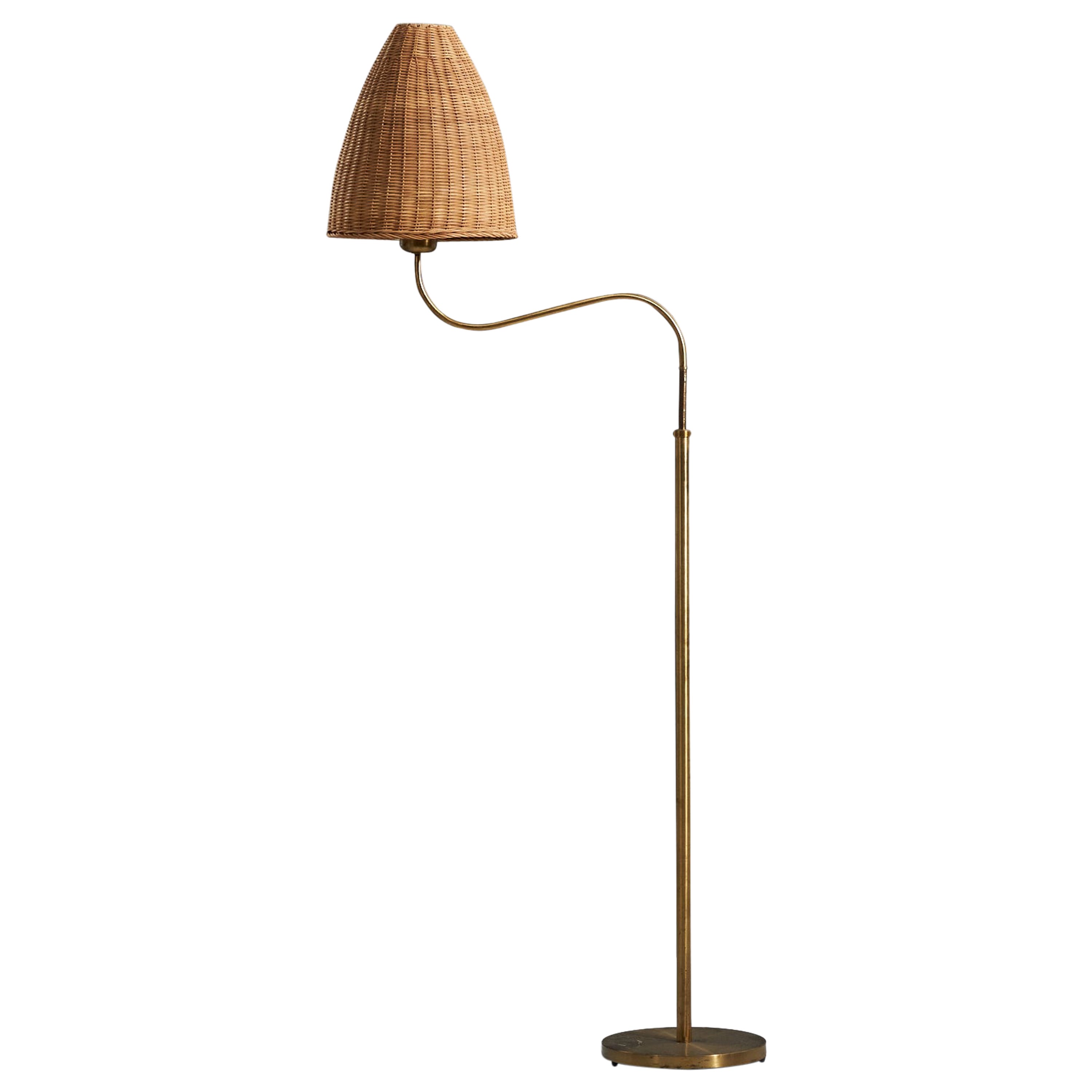 Verstellbare Stehlampe, Messing, Rattan, Schweden, 1940er Jahre, Punzierungen