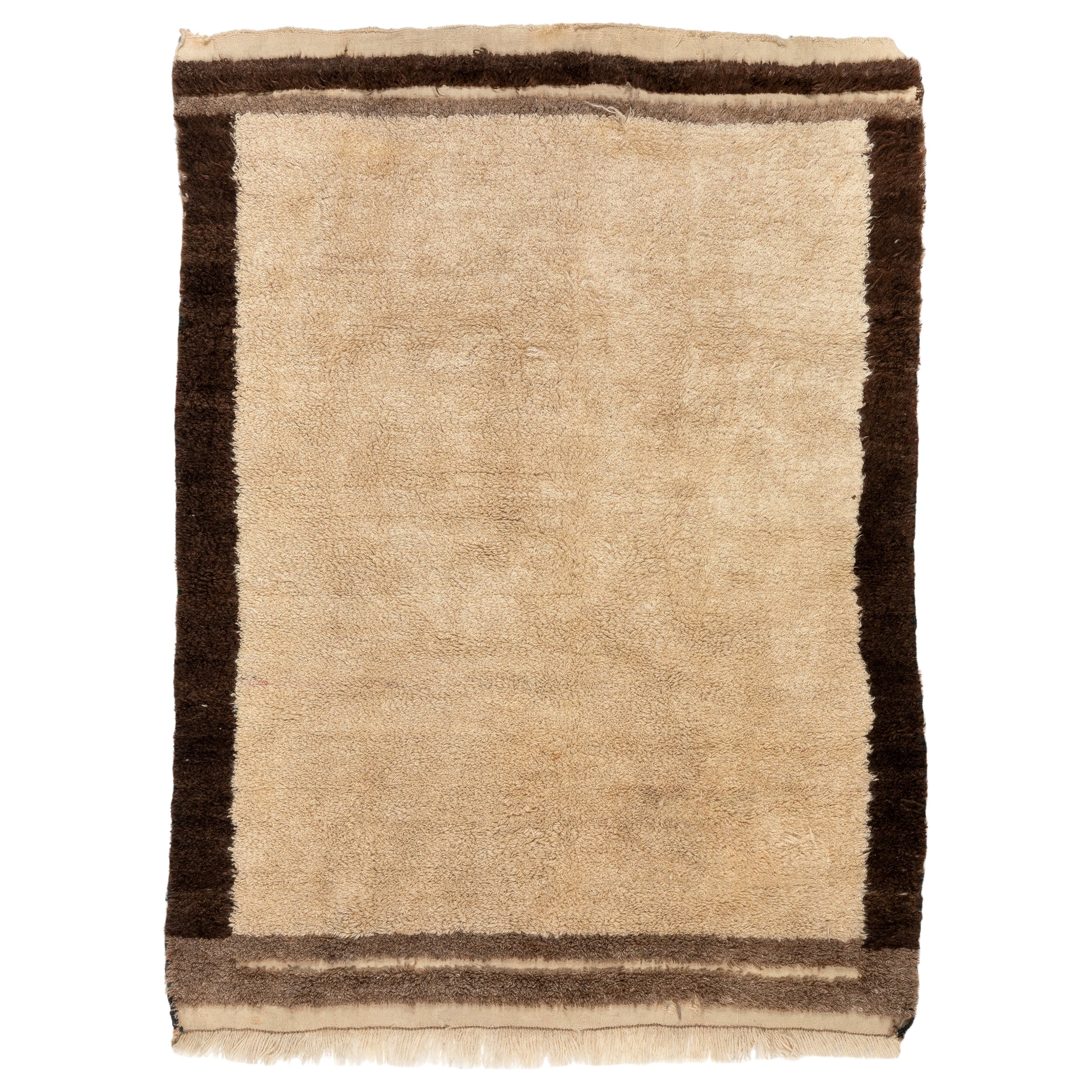 4.4x5.5 Ft Vintage Handmade Türkische Wolle Tulu Teppich in Beige mit Brown Border im Angebot