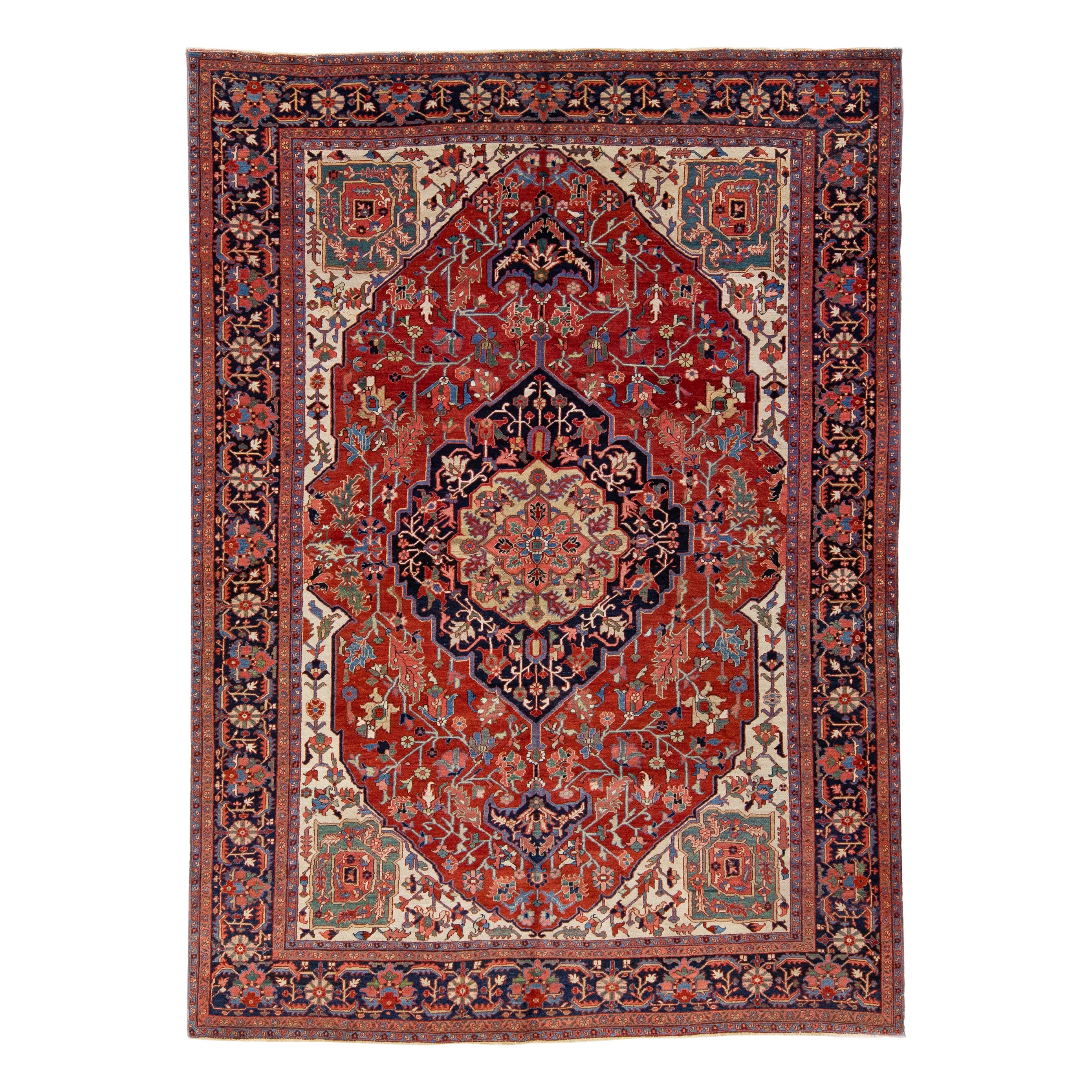 Red Antique Heriz Handmade Room Size Persian Wool Rug with Medallion Motif For Sale