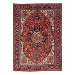Red Antique Heriz Handmade Room Size Persian Wool Rug with Medallion Motif