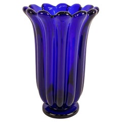 Rare Large Art Glass Scalloped Vintage Cobalt Blue Seguso Vase Murano, Italy
